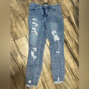 Tinseltown Blue Skinny Jeans with Pink Floral Embroidery
